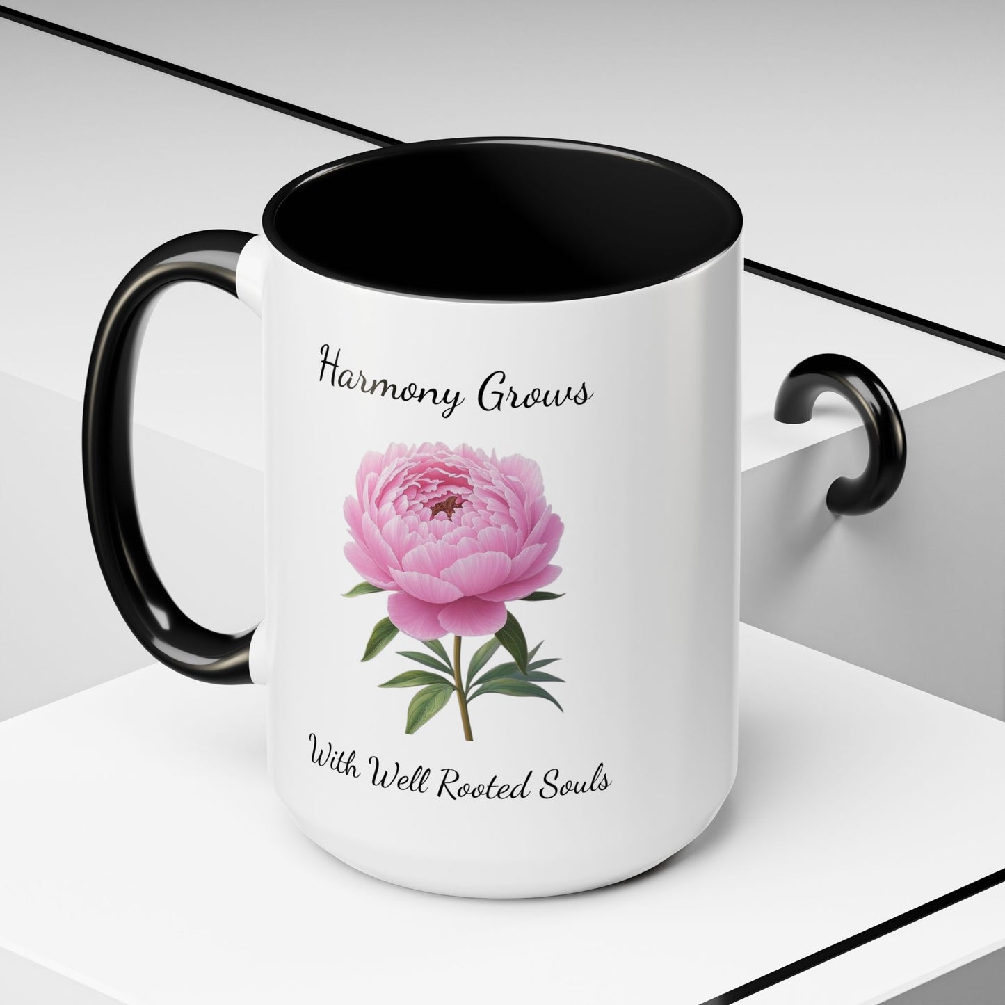Accented Coffee Mug - Harmony Grows With Well Rooted Souls Peony