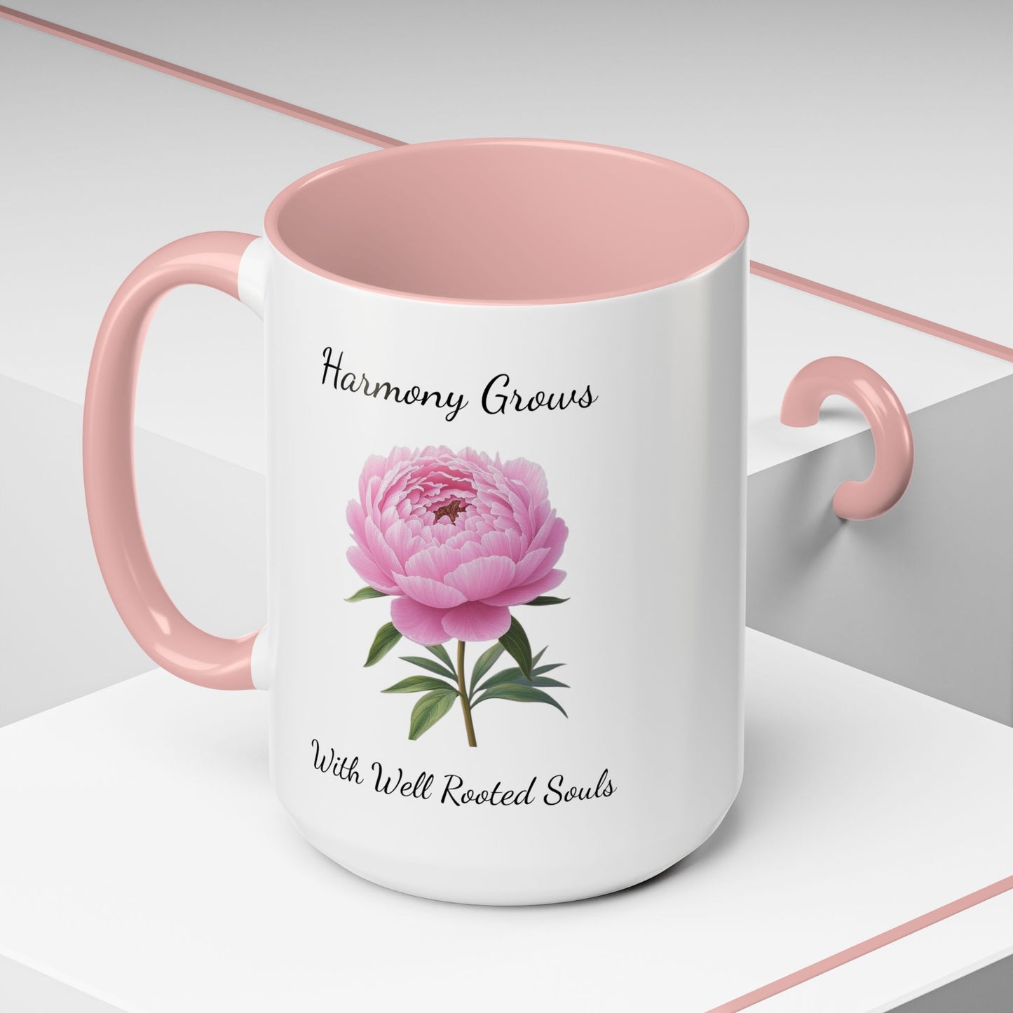 Accented Coffee Mug - Harmony Grows With Well Rooted Souls Peony