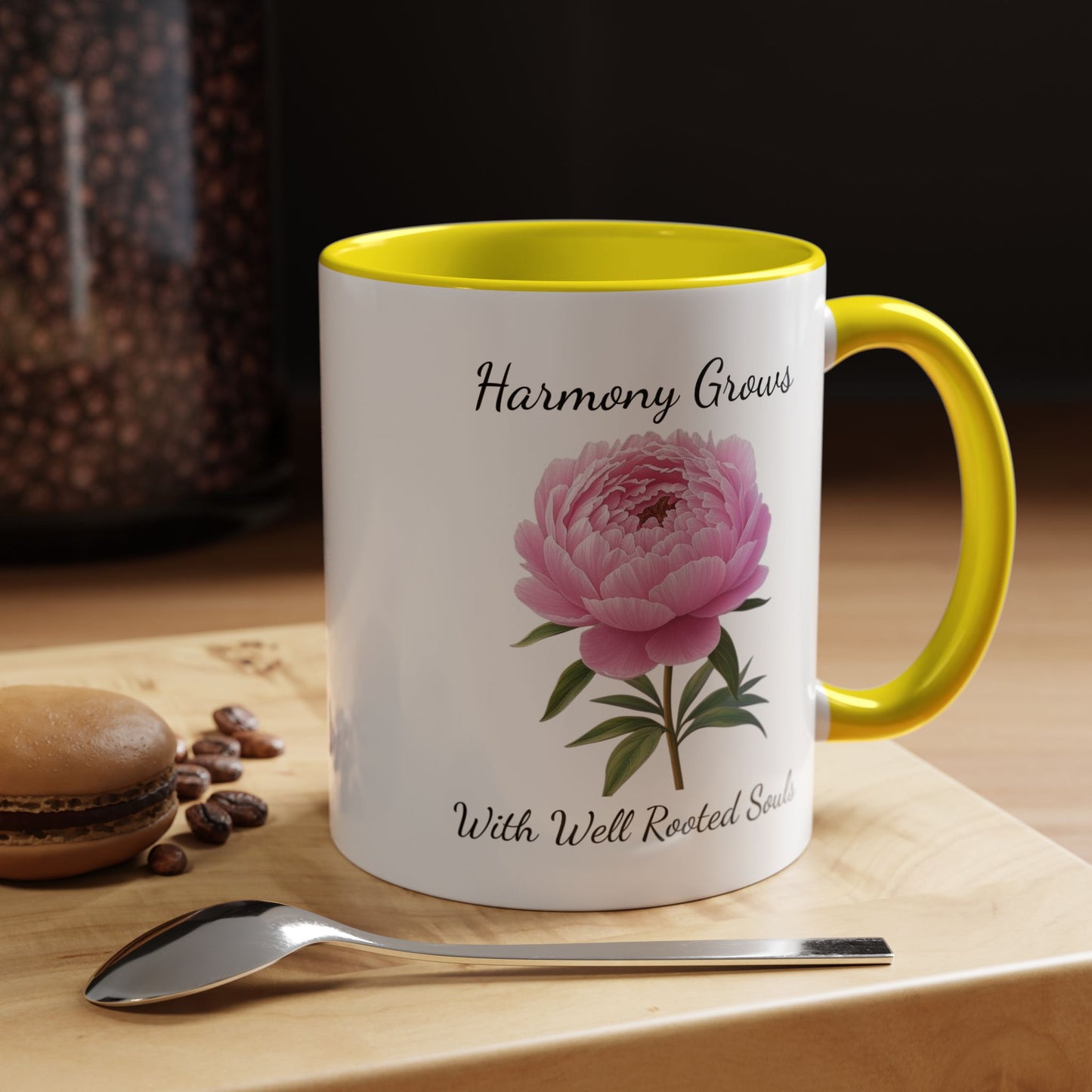 Accented Coffee Mug - Harmony Grows With Well Rooted Souls Peony