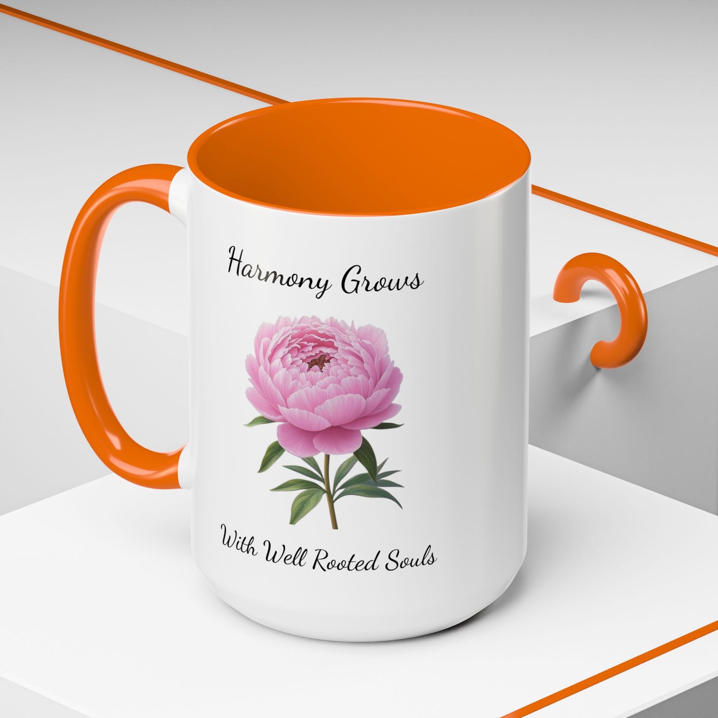 Accented Coffee Mug - Harmony Grows With Well Rooted Souls Peony