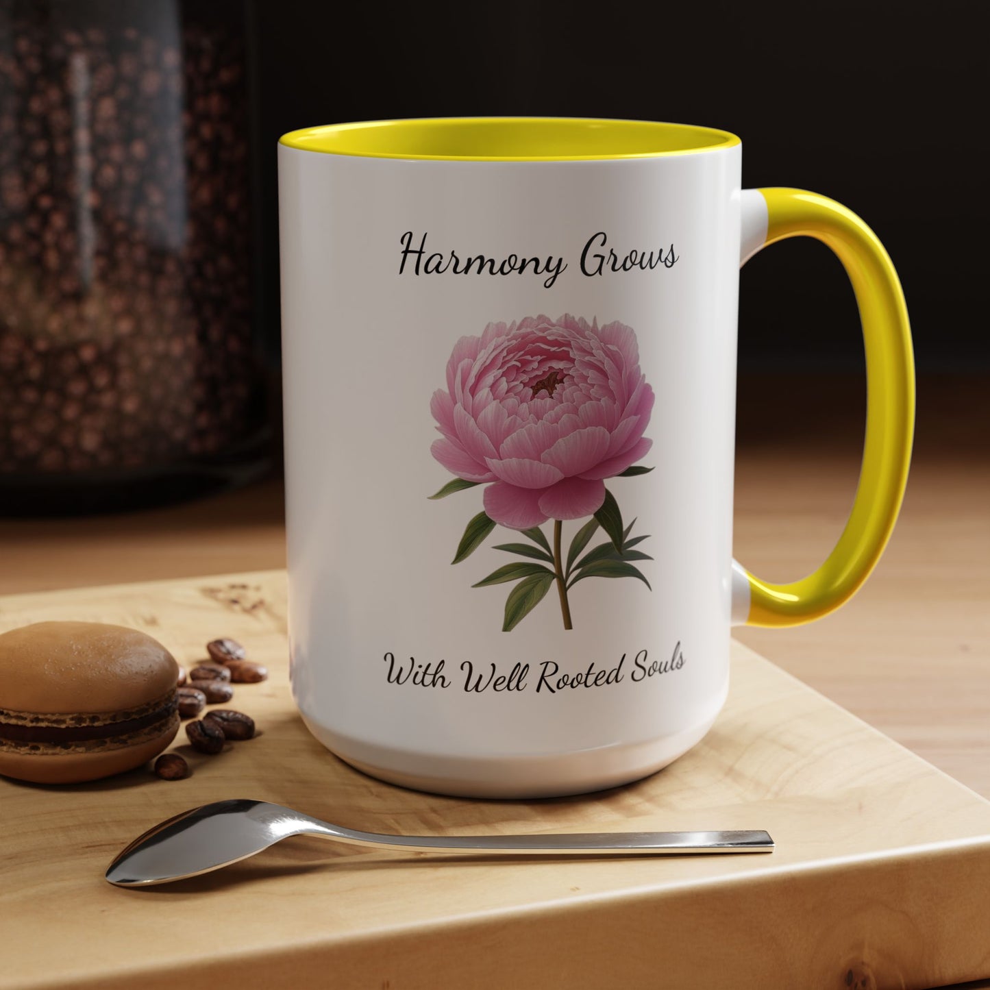 Accented Coffee Mug - Harmony Grows With Well Rooted Souls Peony