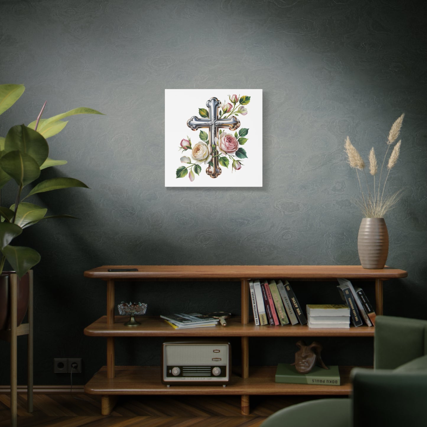 Cross With Roses Canvas Wall Art