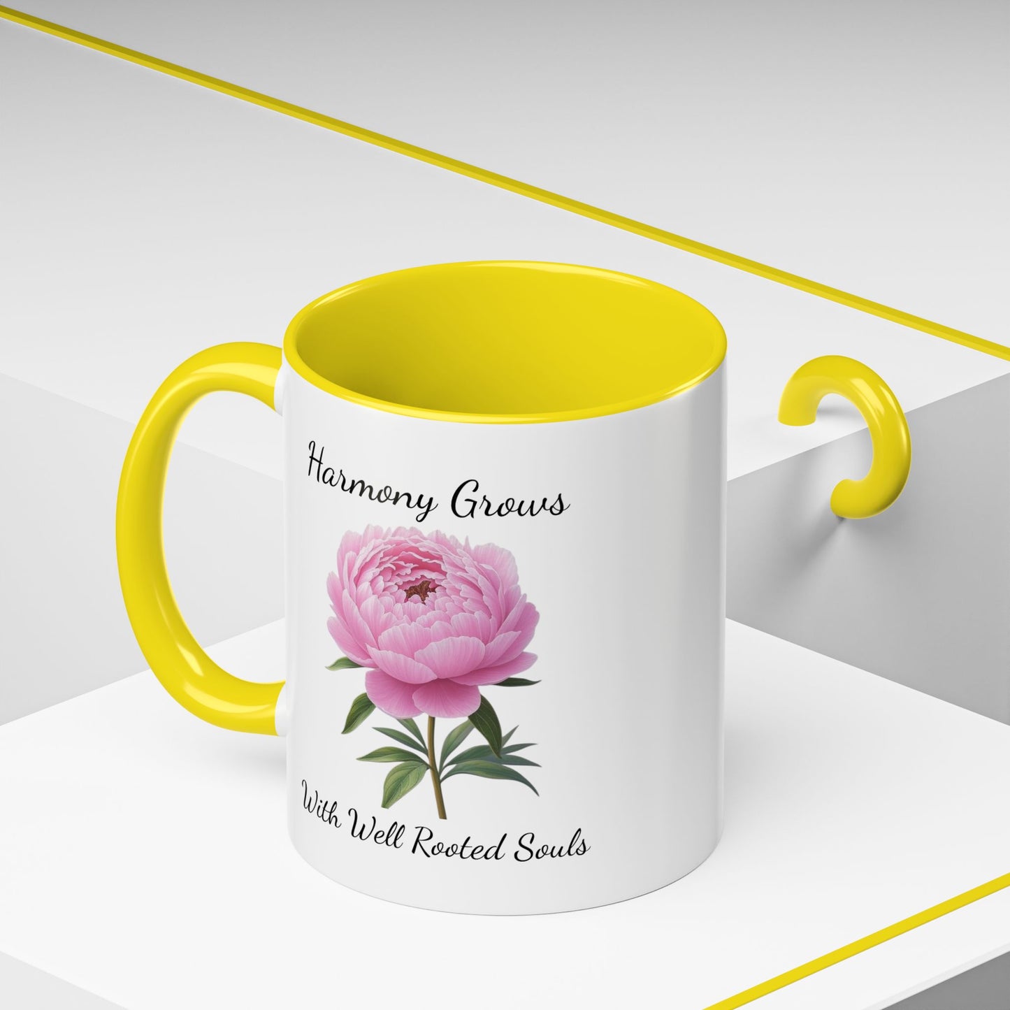 Accented Coffee Mug - Harmony Grows With Well Rooted Souls Peony