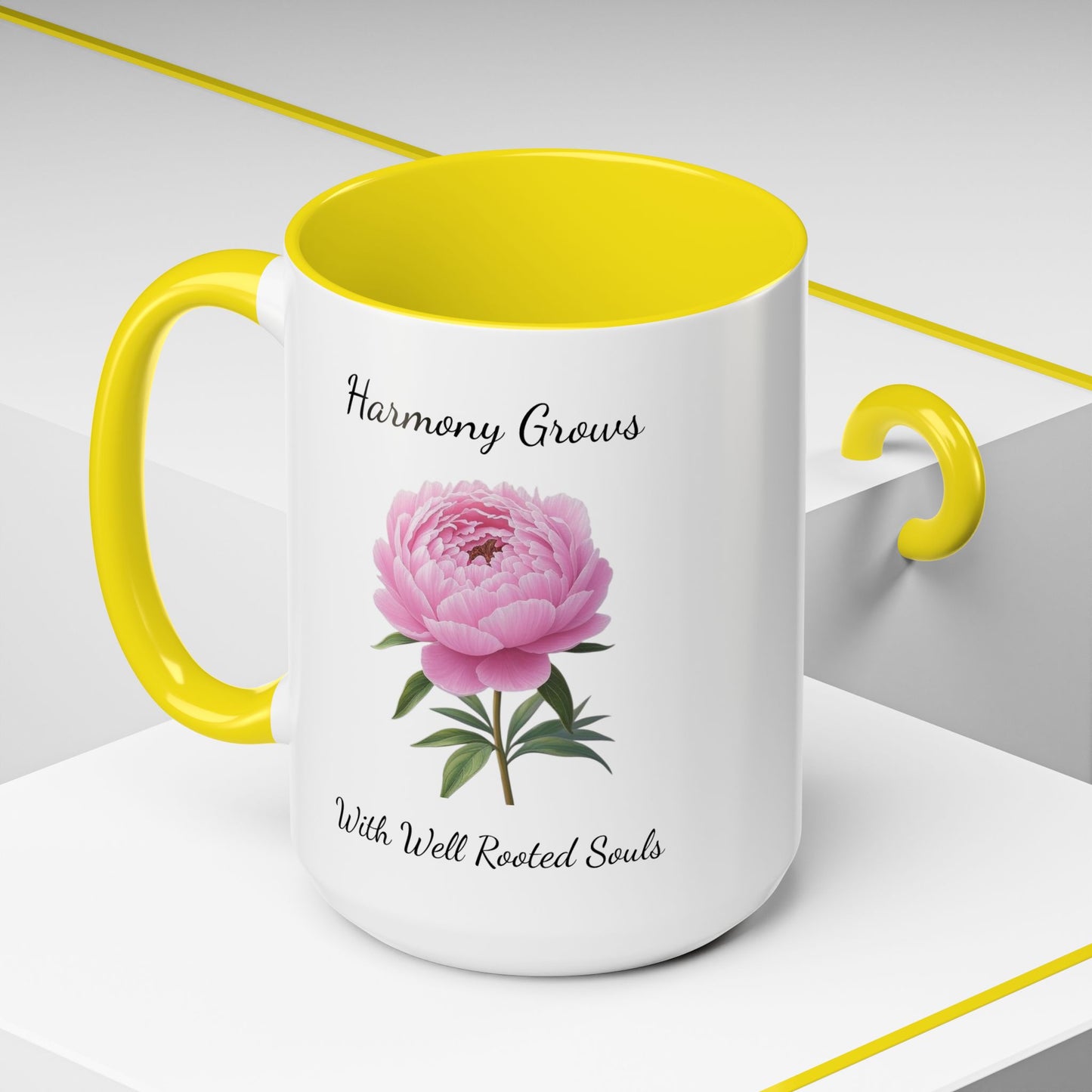 Accented Coffee Mug - Harmony Grows With Well Rooted Souls Peony