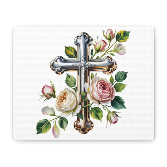 Cross With Roses Canvas Wall Art