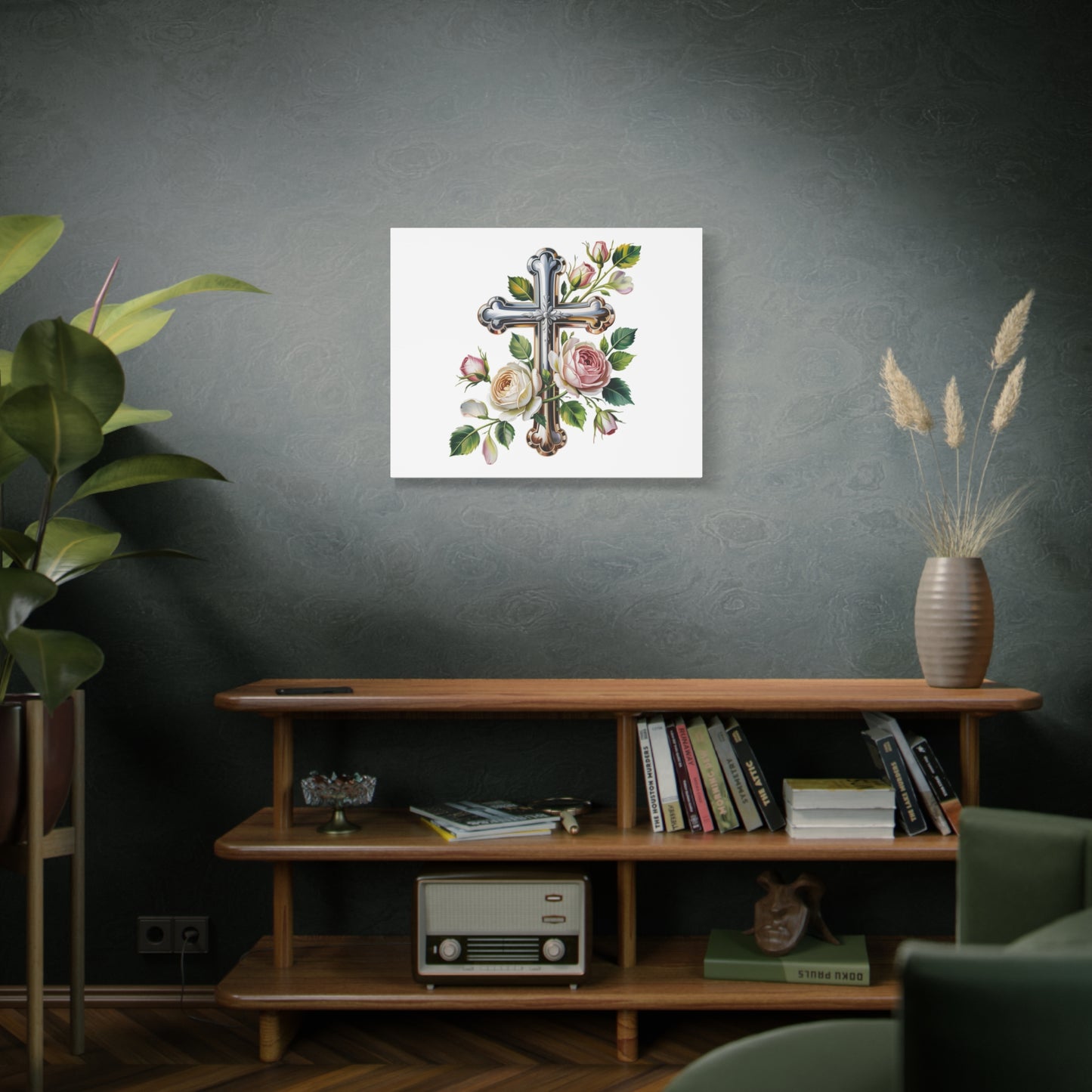 Cross With Roses Canvas Wall Art